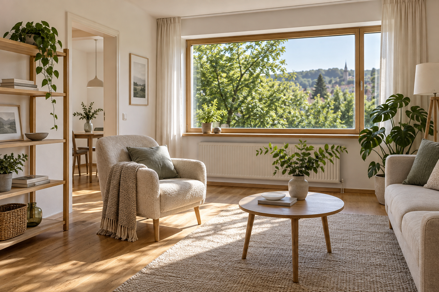 Heller Wohnraum mit Sessel und großem Fenster zum Grünen